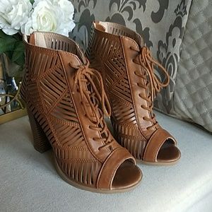 Brown block heeled booties